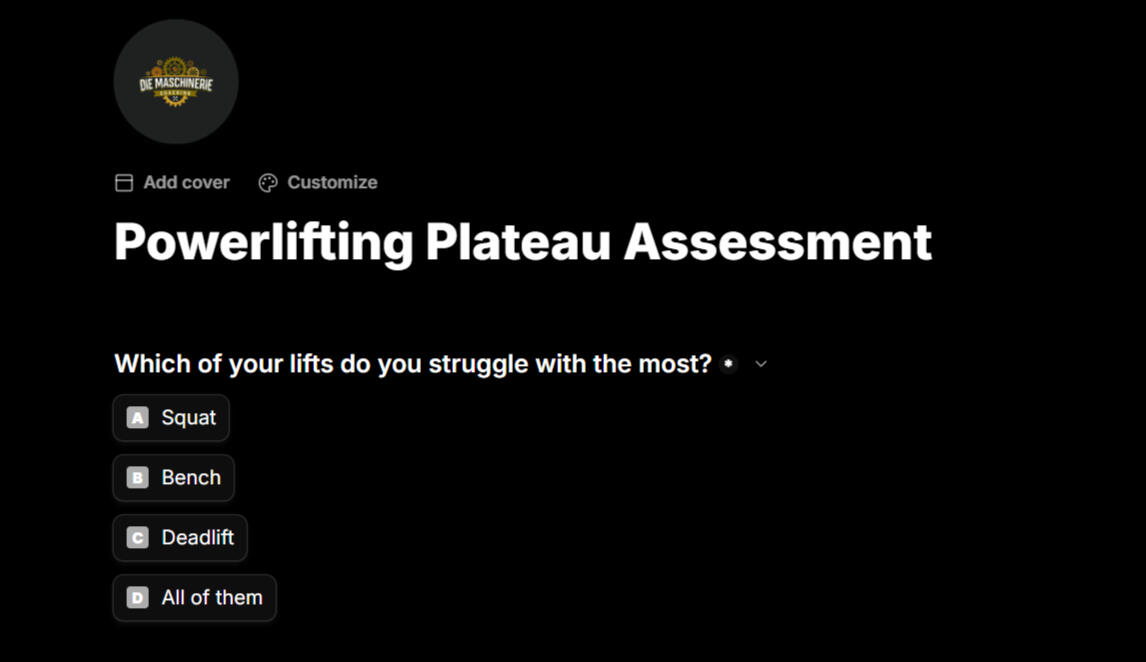 Interactive quiz designed by powerlifting coach julian kohler to identify training mistakes and help athletes break through strength plateaus with personalized recommendations.